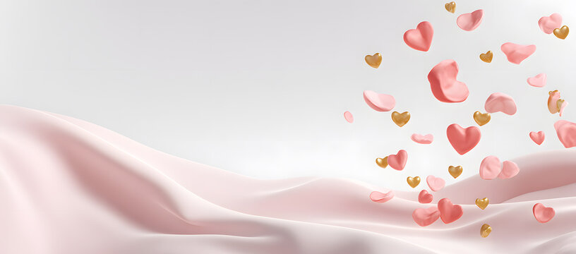 The image features pink and gold ribbons swirling in the air, interspersed with pink and gold heart-shaped confetti. The background is a soft, gradient pink, festive feel