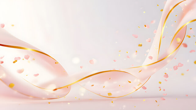The image features pink and gold ribbons swirling in the air, interspersed with pink and gold heart-shaped confetti. The background is a soft, gradient pink, festive feel