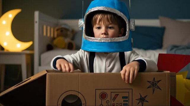 Young astronaut imagines space journey in homemade rocket cardboard box adventure