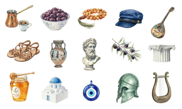 Greek cultural symbols and Mediterranean travel souvenir collection