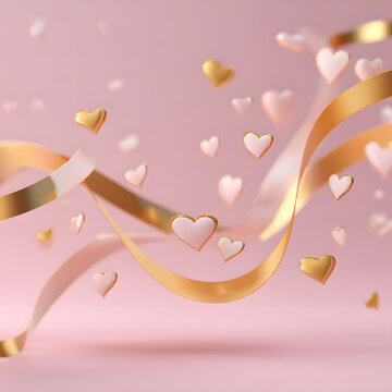 The image features pink and gold ribbons swirling in the air, interspersed with pink and gold heart-shaped confetti. The background is a soft, gradient pink, festive feel