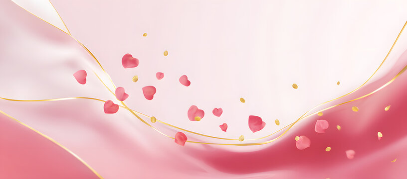 The image features pink and gold ribbons swirling in the air, interspersed with pink and gold heart-shaped confetti. The background is a soft, gradient pink, festive feel