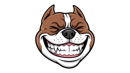Aggressive cartoon pitbull dog face with a wide, menacing grin and closed eyes