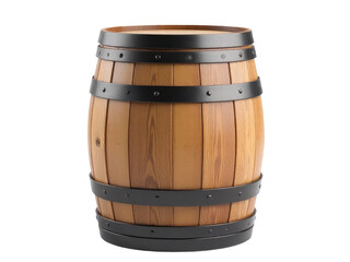 Obraz premium A wooden barrel secured with metal straps on a white background