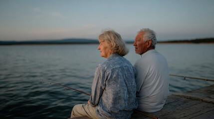 Fototapeta premium Older man and woman sitting on a dock.