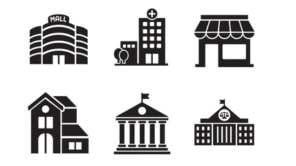 Obraz premium Black building icons set featuring a mall shop and house silhouette on transparent background