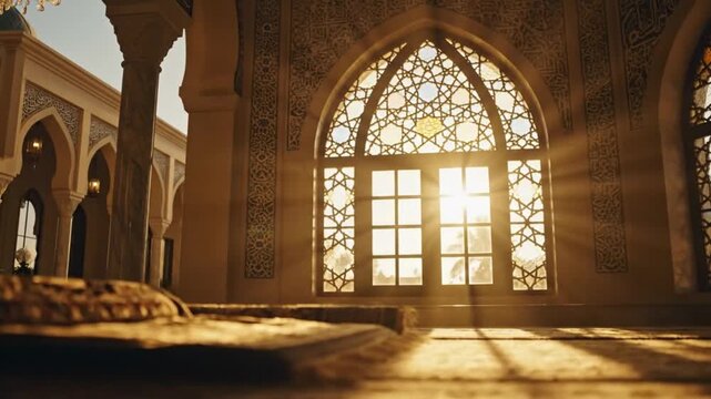 Sunlight Streams Through Ornate Window in Ancient Mosque Interior.