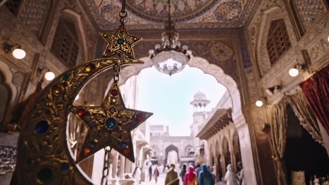Ornate Islamic Interior with Crescent Moon and Star Decoration.