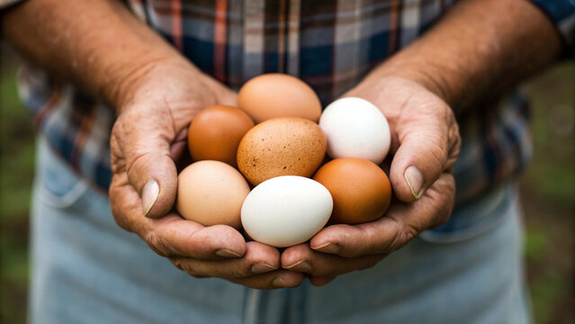Hands hold different colored eggs on a farm during the day