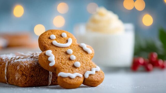 Gingerbread Delight: A festive gingerbread man with a cheerful smile stands alongside a sweet treat, creating a cozy and delightful holiday scene, complemented by a glass of creamy milk.