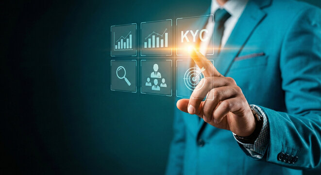 An executive in a sharp business suit interacts with an illuminated digital interface, possibly related to KYC(Know Your Customer) or data analysis. Representing the modern business, innovation. - Powered by Adobe