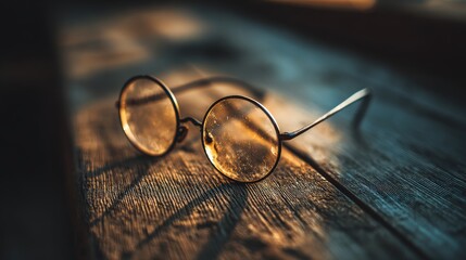Round spectacles rest upon a textured wooden surface bathed in warm, dramatic light