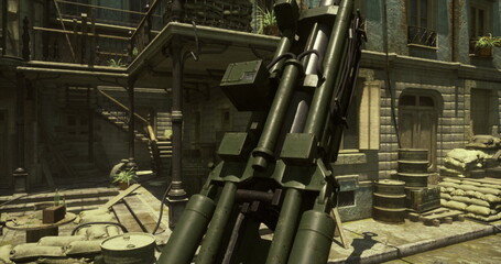 Gatling gun aimed down cobblestone street, industrial ruins surround scene with stacked crates, oilstained barrels, rusted pipes and scattered rubble, green