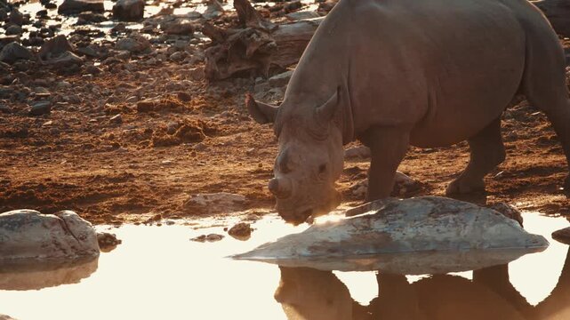 White rhinoceros walking in the African savanna in its natural habitat. One of the largest land mammals and an endangered species, symbol of wildlife conservation in Africa.