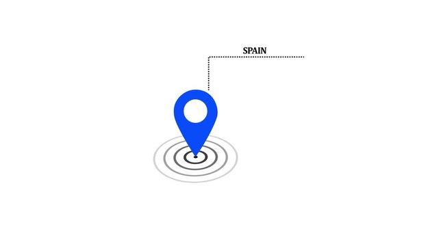 Spain location marker animation on transparent background. Spain map label with location pin symbol. Spain map with destination location concept.4k video