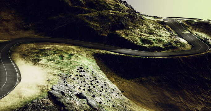 tight hairpin turns on asphalt steep switchbacks and rocky shoulders ideal for rally driver training or engineering visualization with strong contrast