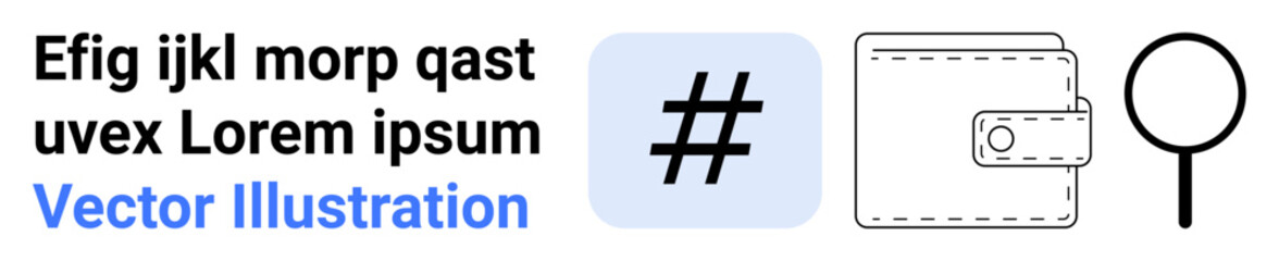 Fototapeta premium metadata tag symbol, stitched wallet, magnifying glass, and placeholder text in clean layout. Ideal for technology, finance, search, organization, branding minimalism and simple landing page