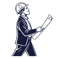 Architect with blueprint and safety helmet, construction planning