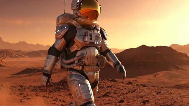 Astronaut exploring mars surface as sun rises over alien landscape and reddish terrain