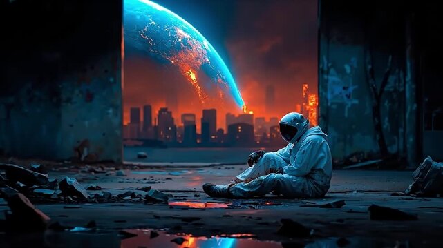 A man in a space suit sitting on the ground in front of a city