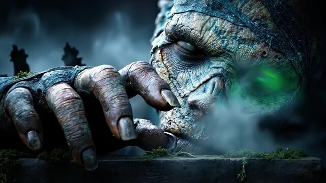 A close up of a zombie with green eyes and a bandage on his head