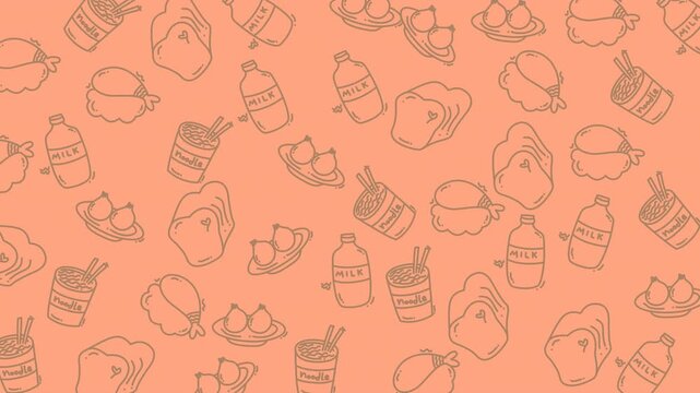 Pattern of doodles featuring various foods and beverages, perfect for menus, food blogs, or kitchenrelated designs needing a playful touch.