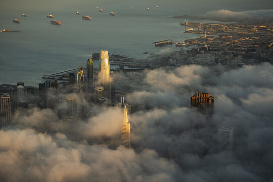 Aerial view of golden light pierces through the dense fog, illuminating the iconic Transamerica Pyramid and surrounding skyscrapers, San Francisco, California, United States.