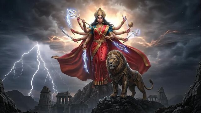 Dramatic digital art of goddess durga manifesting divine power with her lion under a dark navratri sky.