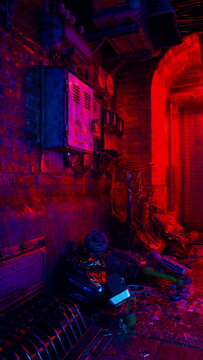 control panel closeup with exposed wiring and neon highlights, damp concrete and scattered tools hinting at clandestine technician activity in restricted