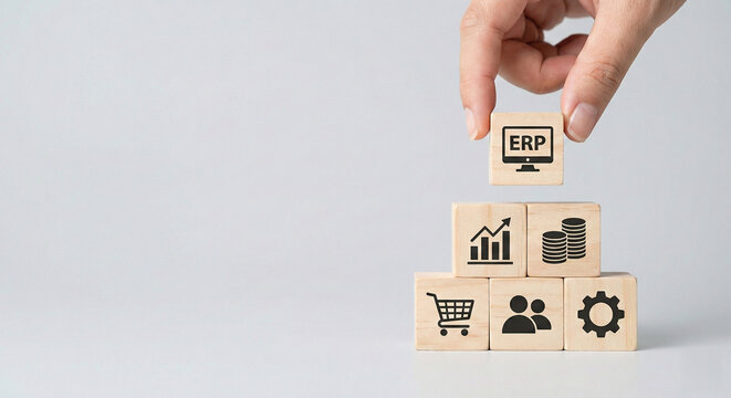 A conceptual shot of the enterprise resource planning (ERP) system integration, a hand meticulously places a cube with an ERP icon, symbolizing the convergence of various business functions.