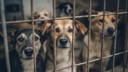 Unwanted and homeless dogs of different breeds in animal shelter setting. Animal rescue, adoption awareness, pet welfare, compassion, shelter life, diverse breeds, emotional appeal.