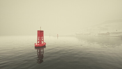 red buoy near foggy harbor and visible coastline, yellow morning haze, reflective ripples, distant buildings and pier, atmospheric serenity © icetray