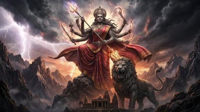 The powerful goddess durga stands with her lion in a dark, dramatic digital painting set against a stormy mountain background.