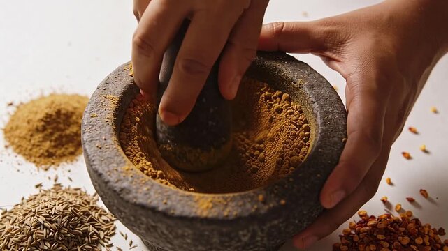 Closeup of hands grinding spices in a mortar and pestle surrounded by various whole spices on a white surface.