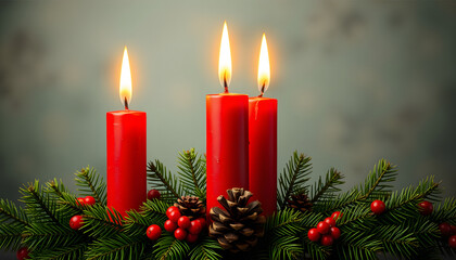 red advent candles with green pir and pinecone, pop-art. White tone