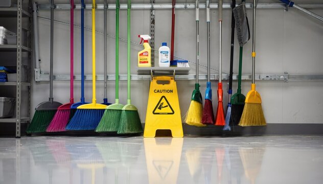 Medium closeup of a janitor supply closet featuring neatly arranged cleaning tools on hooks epoxy floor reflecting bright overhead lights with depth of field effect.