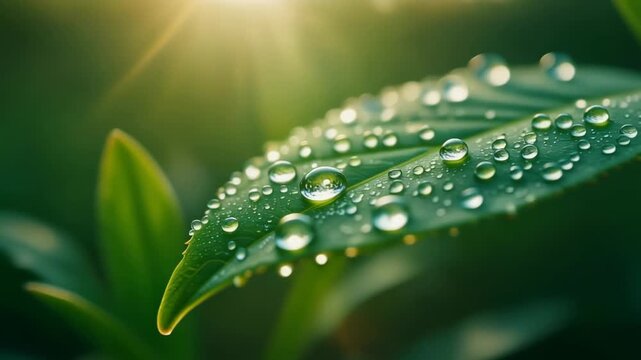 Fresh Green Leaf with Water Droplets in Morning Light