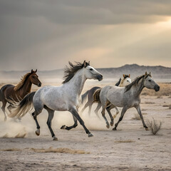 Obraz premium Wild Horses Galloping Across Desert Landscape with Dusty Terrain and Stormy Sky