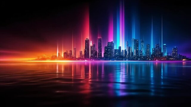 A city skyline at night with colorful lights reflecting in the water