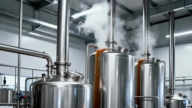 Medium shot of tall stainless steel vessels in an evaporation station concentrating juice into syrup with soft steam rising in a clean modern industrial setting.