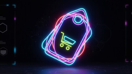 Neon shopping cart on tag background