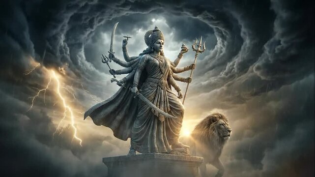 The powerful goddess durga statue stands with her lion mount and weapons under a dark, lightning-filled navratri sky.