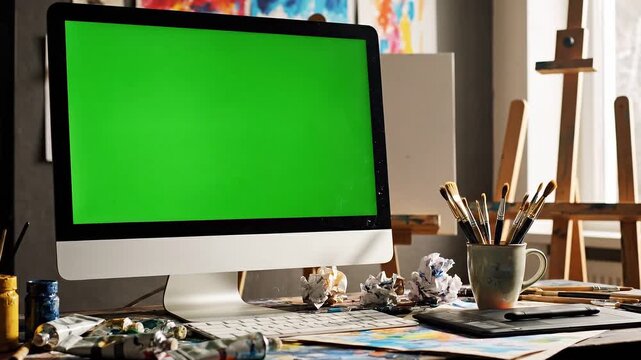 A video of a computer monitor with a green screen in an artist's studio on transparent background
