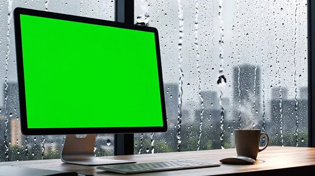 A video of a computer monitor on a desk with a rainy city view on a transparent background