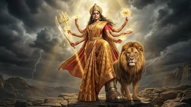 Divine goddess durga, standing powerfully with her golden lion, is dramatically lit against a stormy navratri sky.