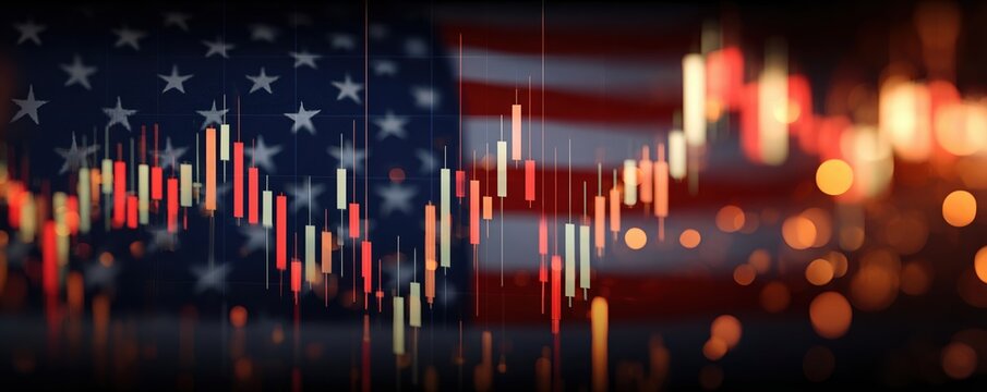Candlestick chart on blurred american flag background depicting financial market trends - Powered by Adobe