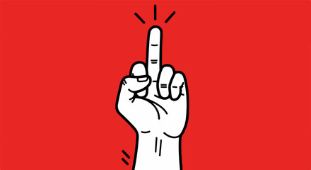 Stylized cartoon drawing depicting a single hand emphatically extending the middle finger against a bold vibrant red background expressing defiance or rudeness