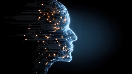 Futuristic digital circuit face with illuminated nodes on black background