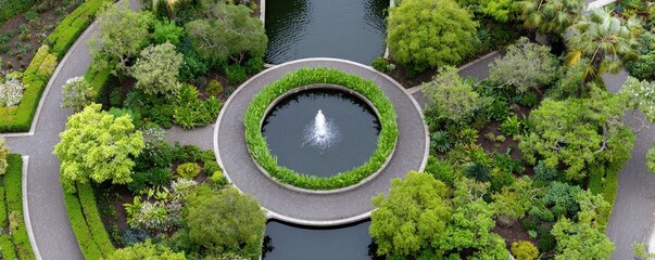 Aerial view of circular fountain in lush botanical garden landscape
