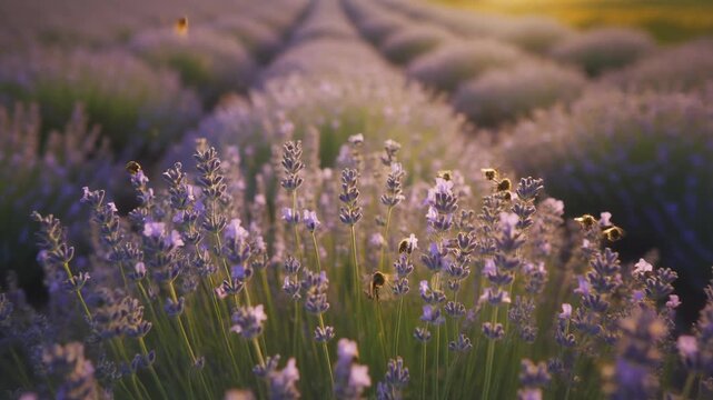 Lavender Field at Golden Hour with Soft Motion and Bees